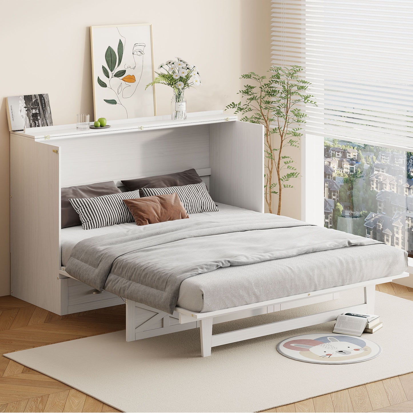 Queen Size Murphy Bed With Large Drawers - Brushed White