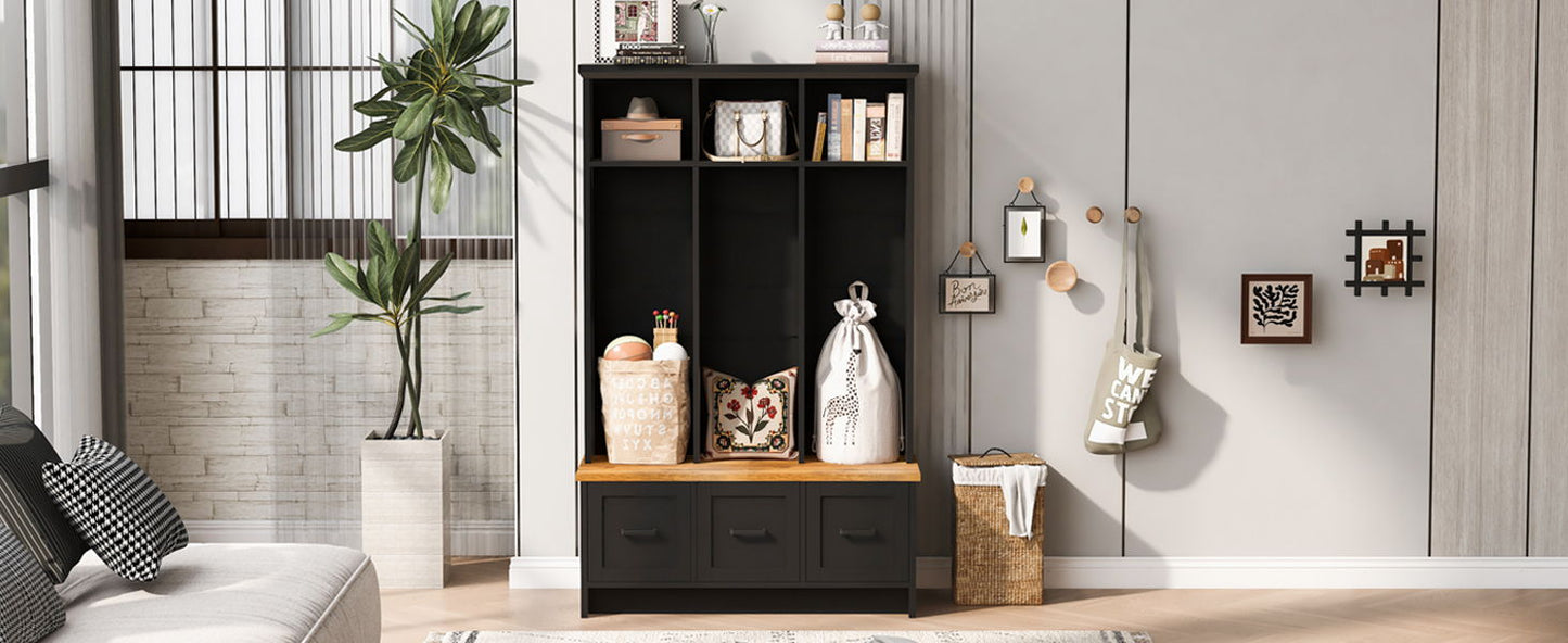 Modern Hall Tree With Entryway Bench, 3 Shelves And Drawers, Wide Hall Tree With Storage Bench For Hallway - Black