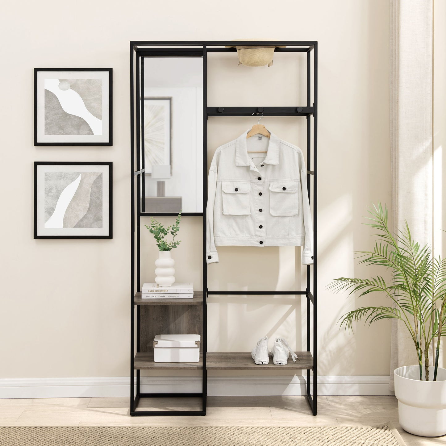 Modern Hall Tree With Hanging Storage - Gray Wash