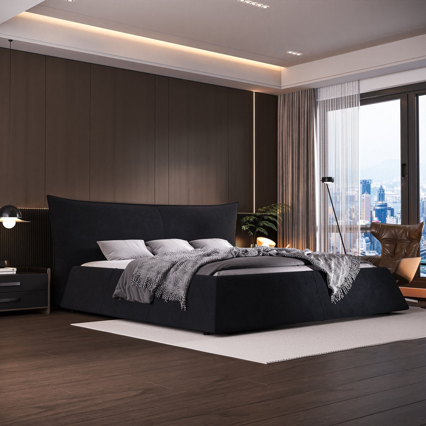 King Size Upholstered Platform Bed With Special Shaped Velvet Headboard, Metal & Solid Wood Frame - Black