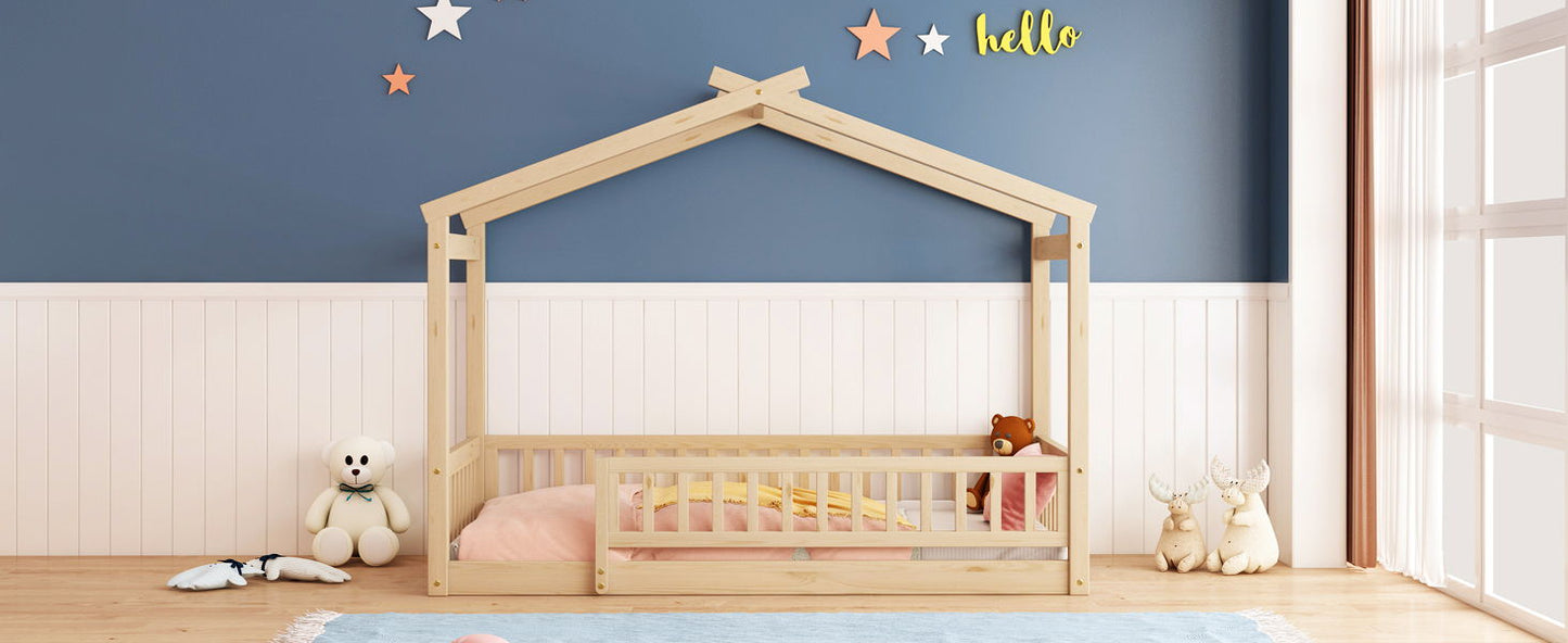 Twin Size Bed House Bed Frame With Fence - Natural