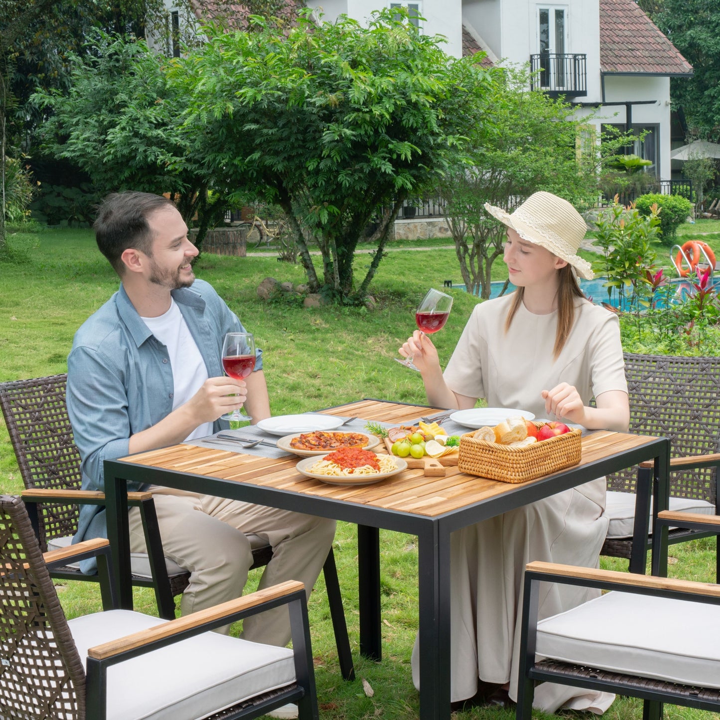 All Weather 5 Piece Patio Dining Table Set, Acacia Wood Table Top With Umbrella Hole, Rattan Outdoor - Coffee Brown