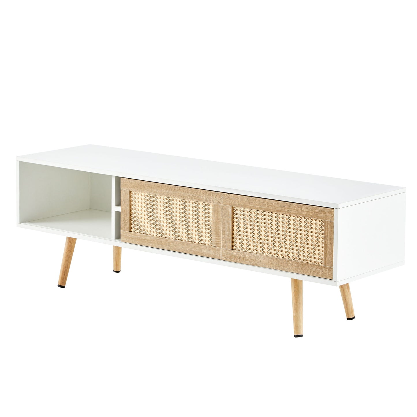 55.12" Rattan TV Cabinet, Double Sliding Doors For Storage, Adjustable Shelf, Solid Wood Legs, TV Console For Living Room - White