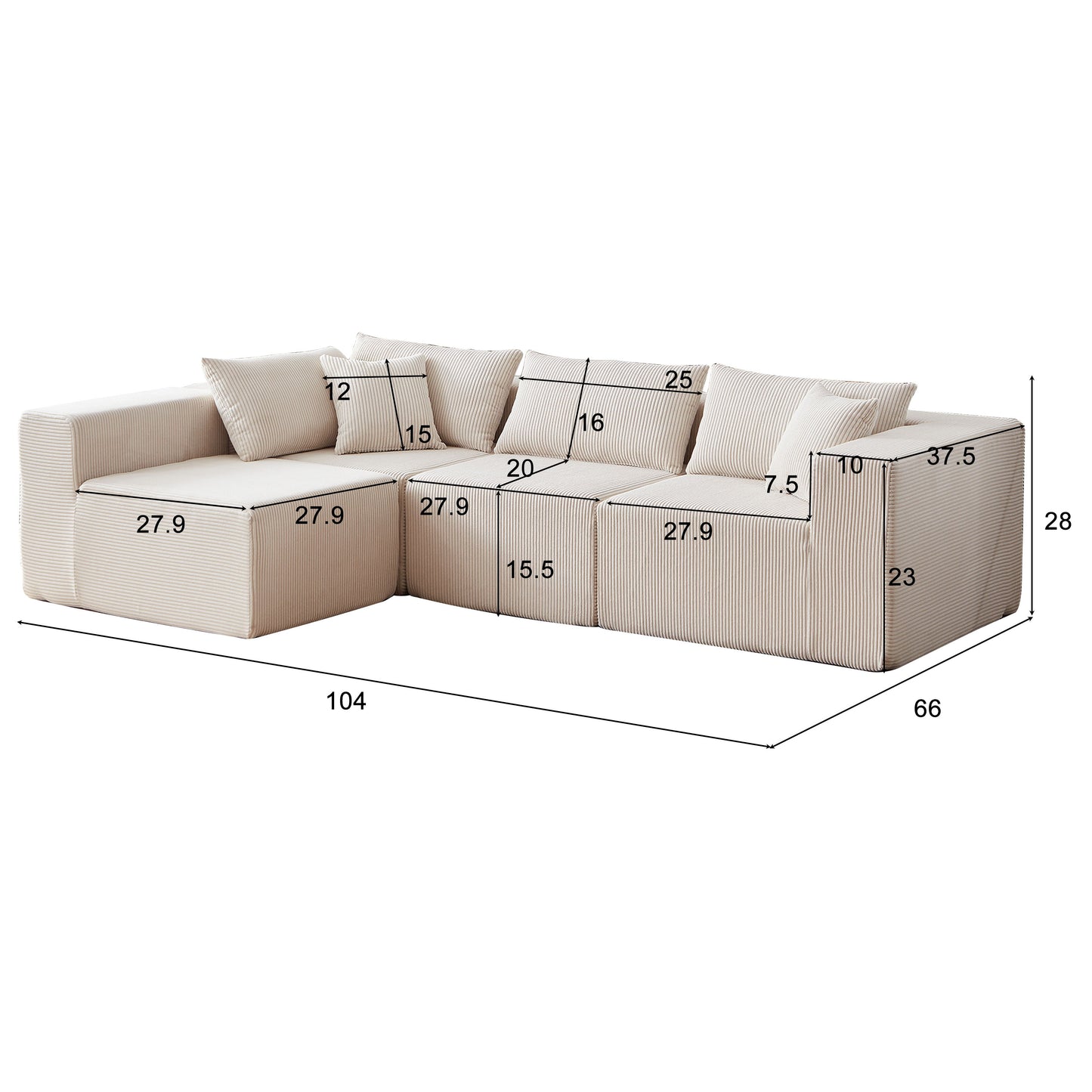 Corduroy Modular L Shaped Sectional Sofa, Luxury Floor Couch Set, 4 Piece Free Combination - Beige
