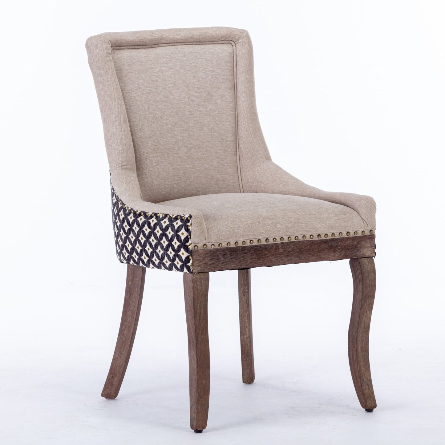 Ultra Side Dining Chair, Thickened Fabric Chairs With Neutrally Toned Solid Wood Legs, Bronze Nail Head, (Set of 2) - Beige / Patterned