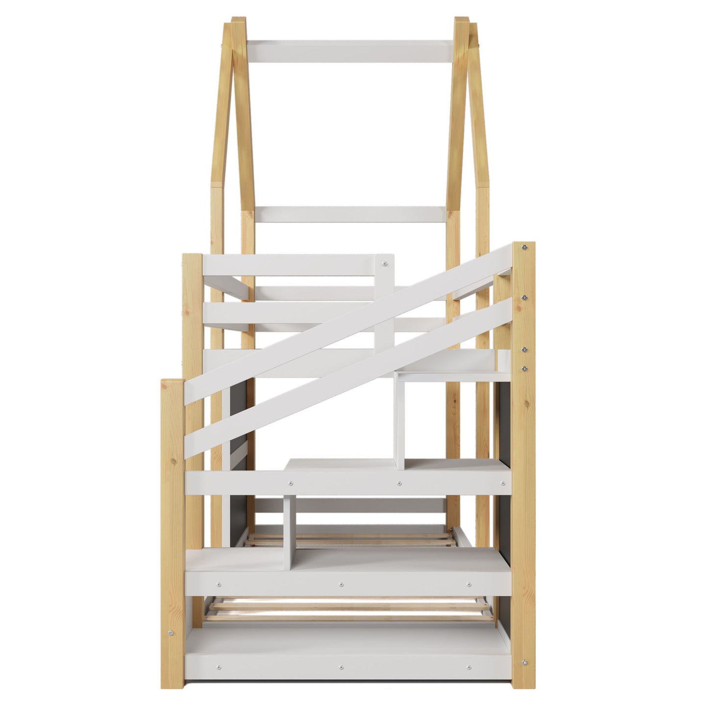 Twin Over Twin House Bunk Bed With White Storage Staircase And 2 Blackboards - White / Natural