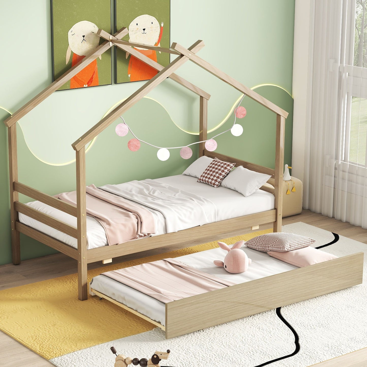 Twin Size House-Shaped Bed With Trundle - Natural
