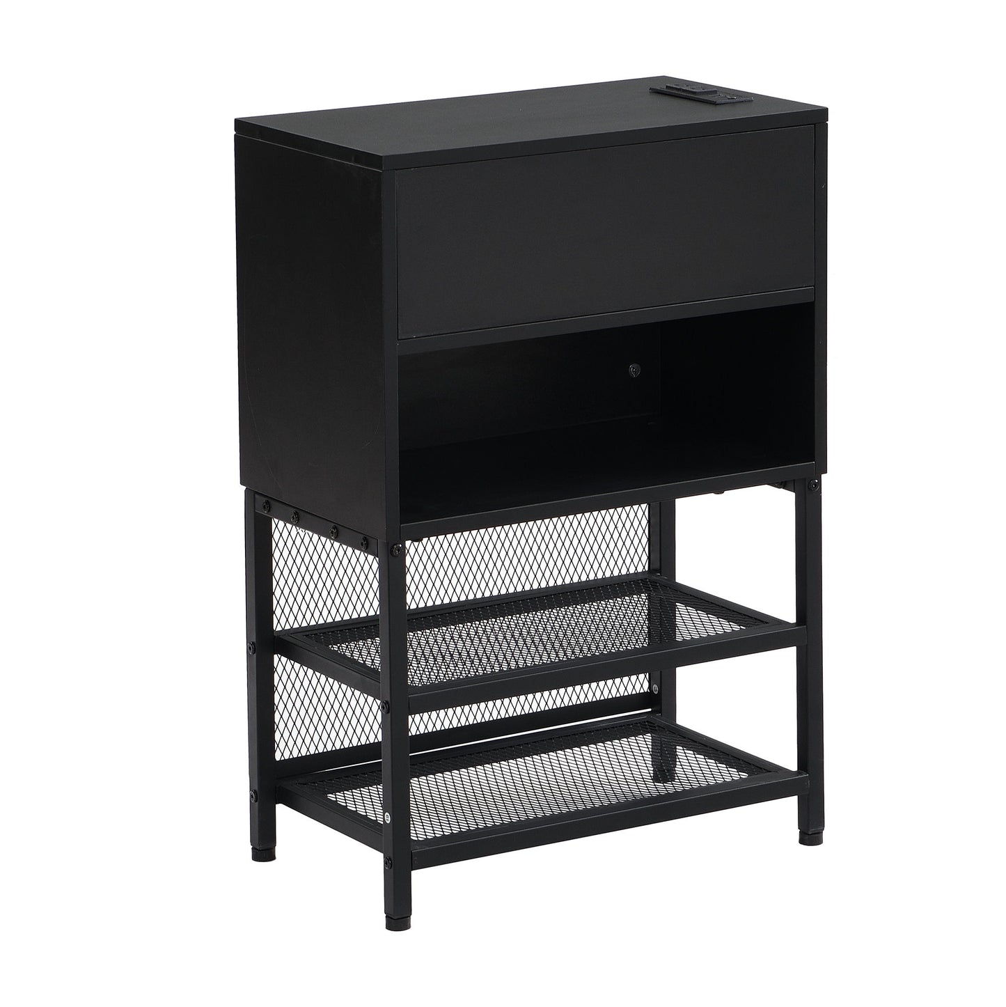 Full Size Platform Bed With 2 Tier Storage Shelves, Storage Cabinet - Black