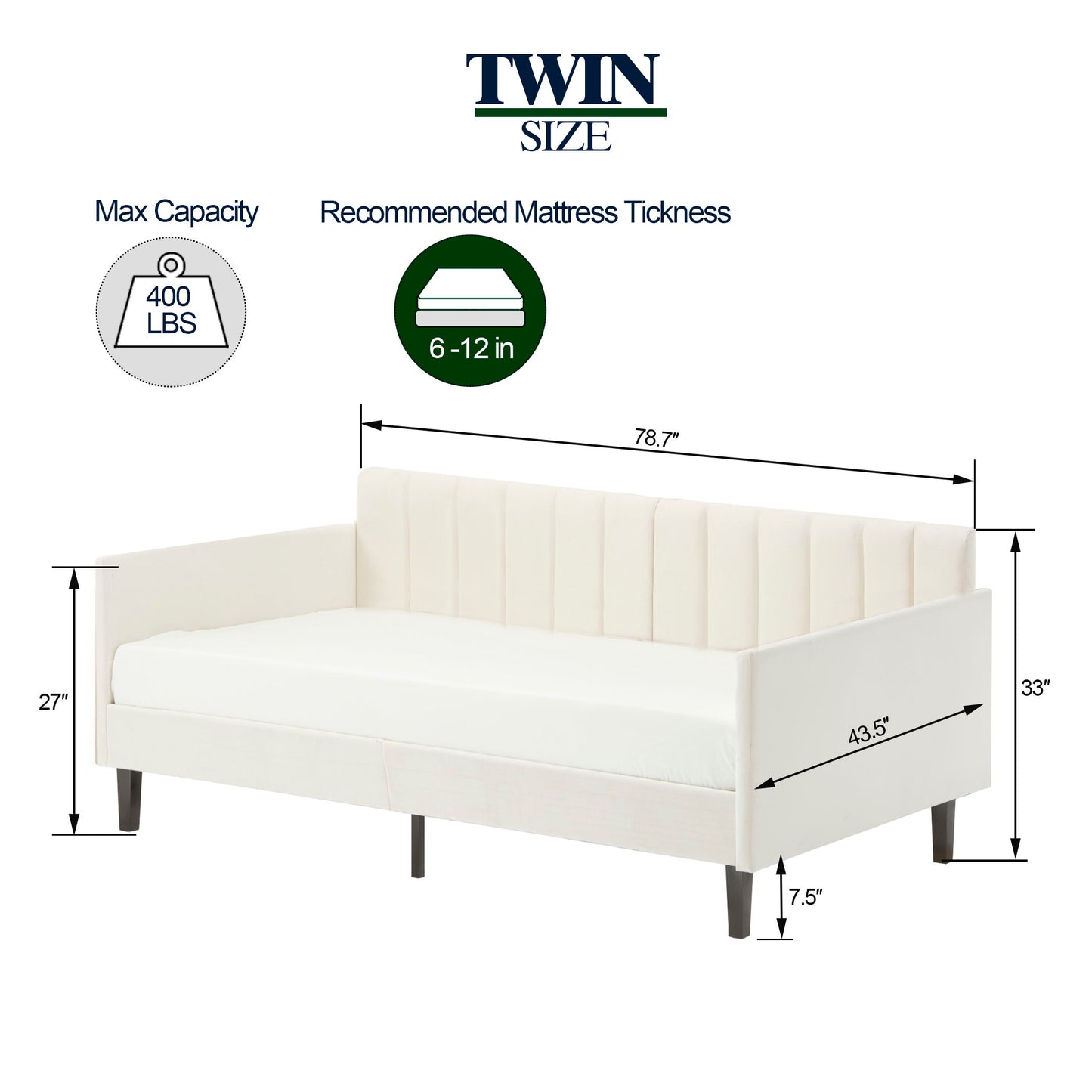 Elena - Twin Upholstered Daybed, Ribbed Tufted Backrest - Beige