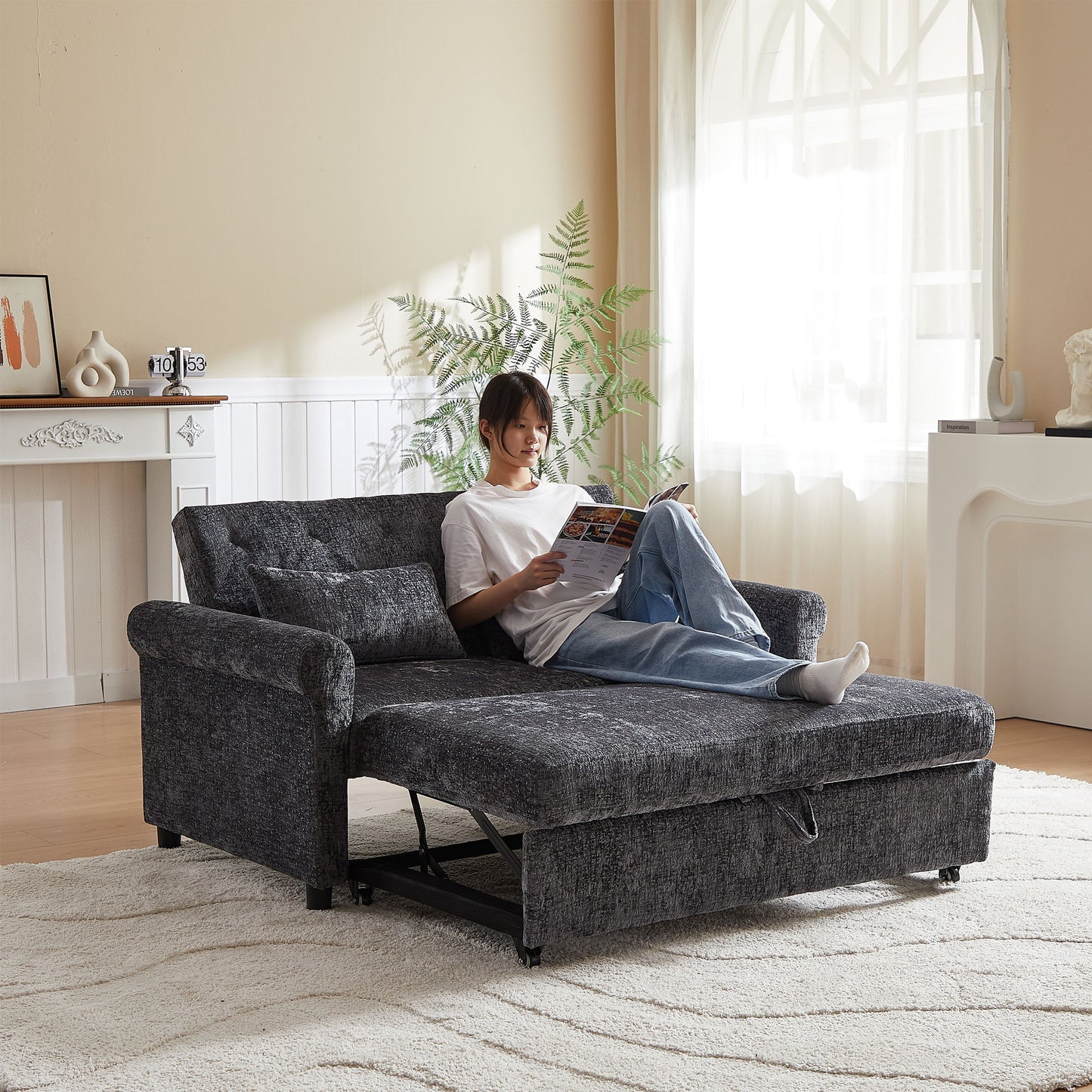 3 In 1 Loveseat Sofa Bed Chenille Fabric Pull Out Couch Sleeper Full Back Frame, Seat Frame, Armrests & 2 Pillows - Dark Gray
