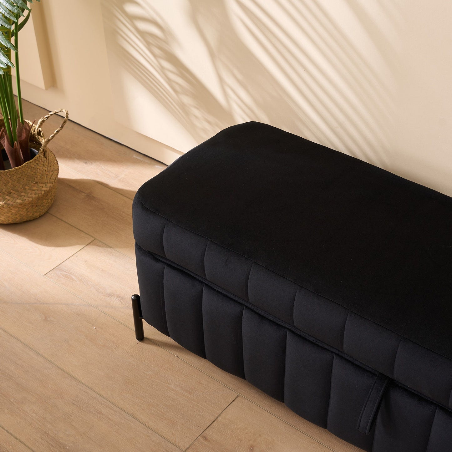 Wide Upholstered Velvet Storage Soft Bench Footstool Ottoman End Of Bed With Metal Legs, Foot Rest For Living Room, Entryway And Bedroom - Black