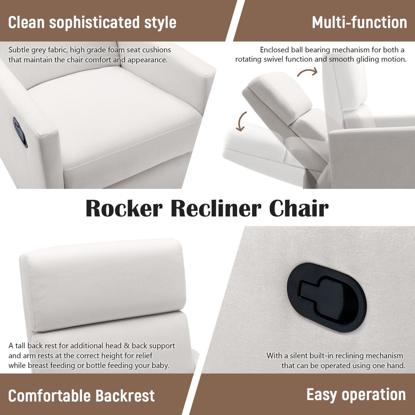 Modern Upholstered Rocker Nursery Chair Plush Seating Glider Swivel Recliner Chair - Beige