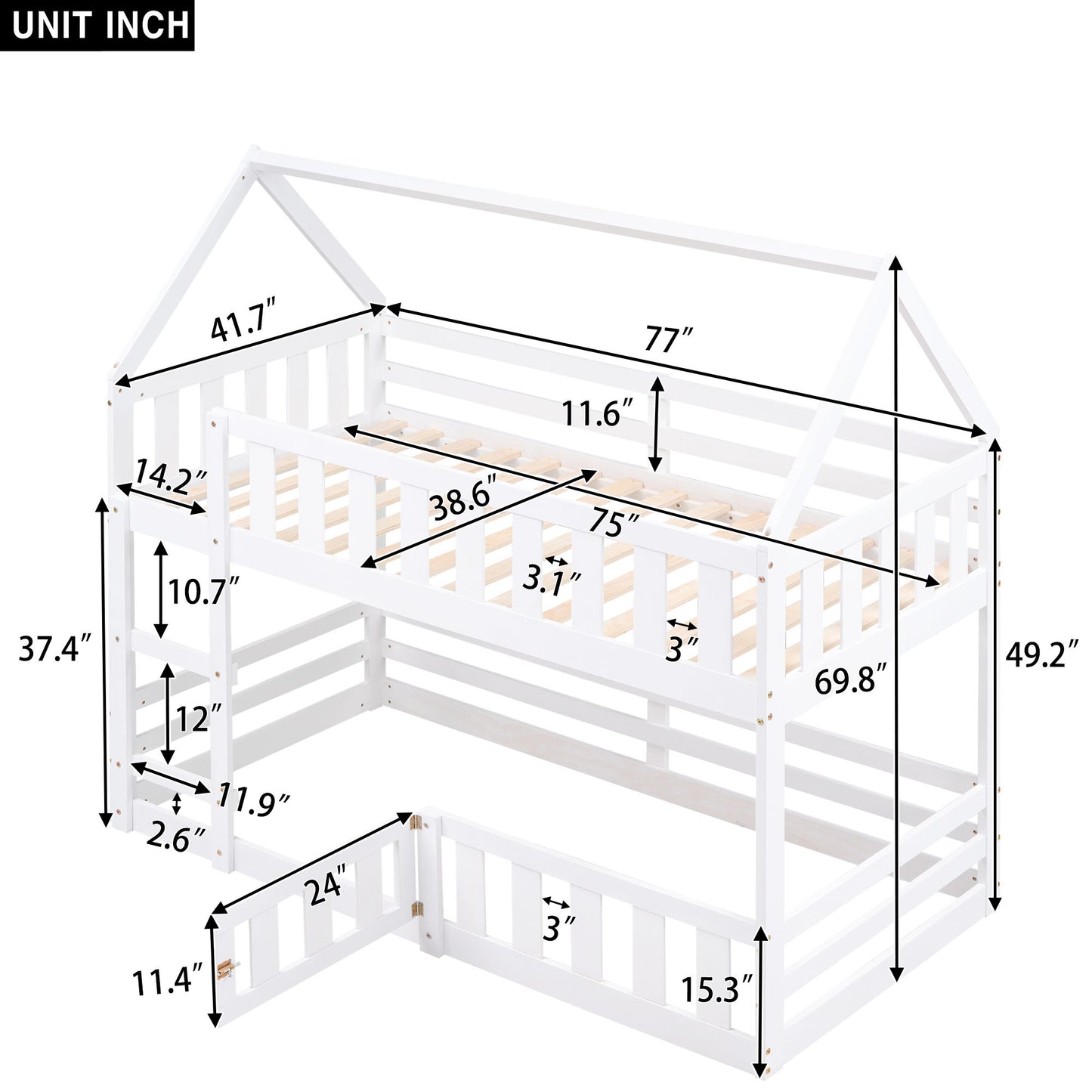 Twin Over Twin House Bunk Bed With Fence And Door - White