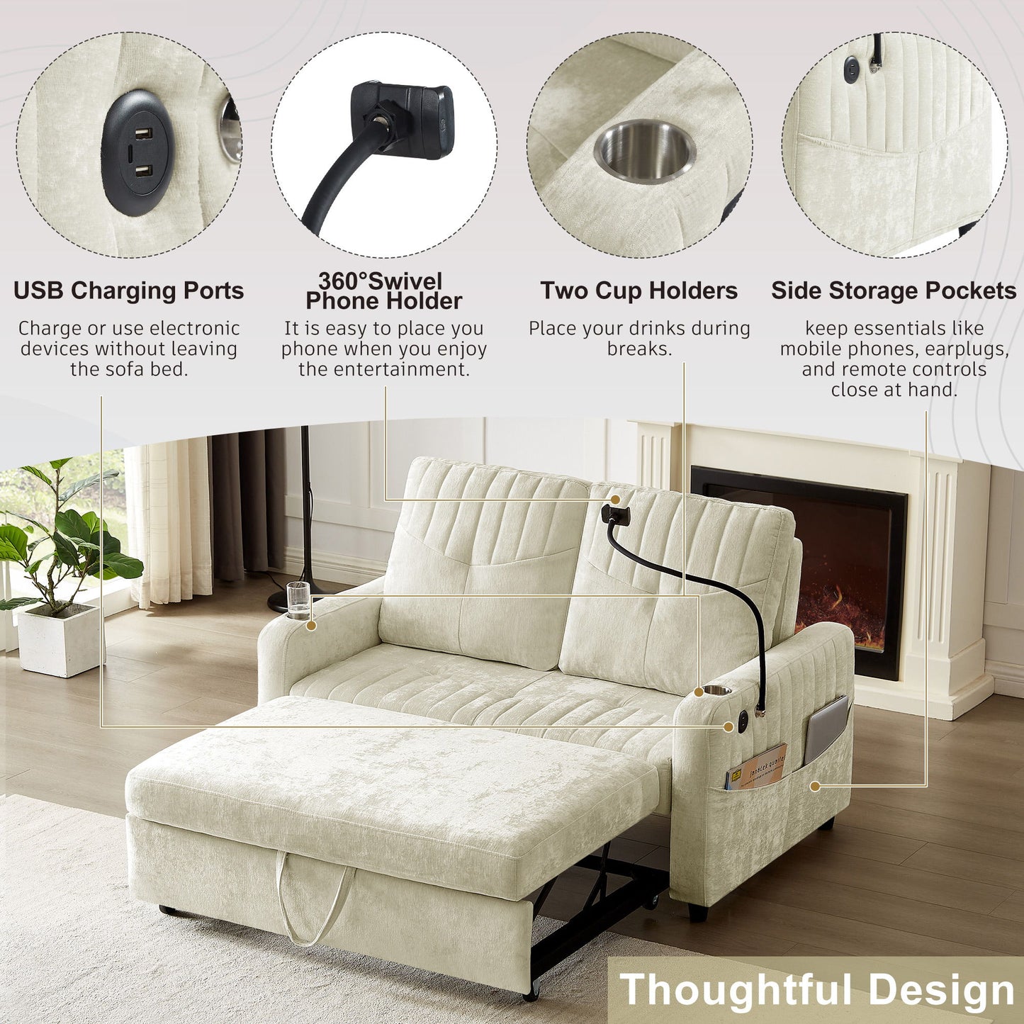 Modern Loveseat Pull Out Sofa Bed With Adjustable Backrest, Two Cup Holders, A Phone Holder, Three Charging Ports And Side Storage Pockets For Living Room - Beige