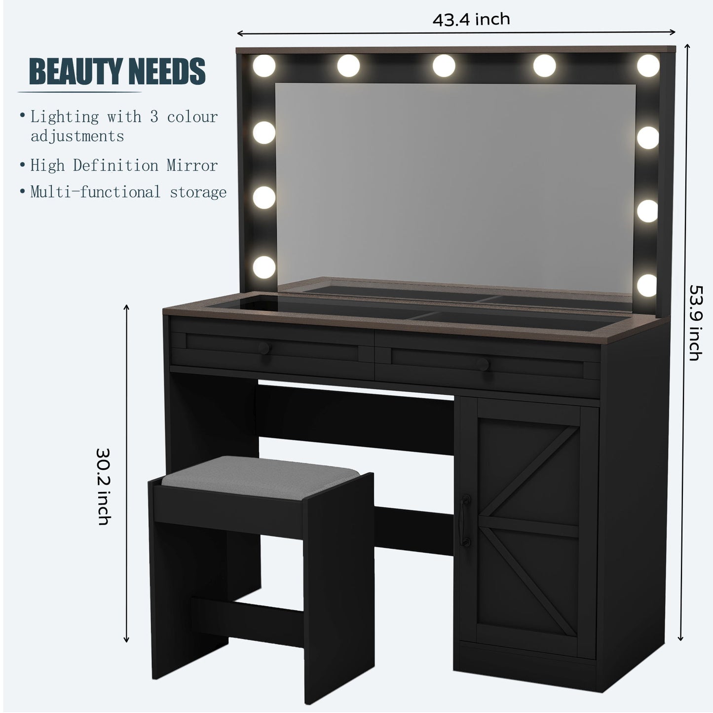 Makeup Vanity Table, Makeup Table With Large Mirror And 11 LED Light, Brightness Adjustable, Dressing Table Desk With 3 Drawers, Vanity Desk For Women (With Stool) - Black