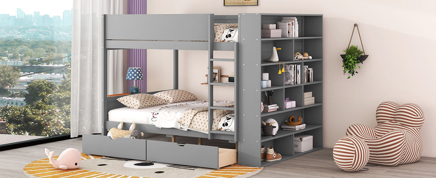 Full Over Full Bunk Bed With 2 Drawers And Multi-Layer Cabinet - Gray