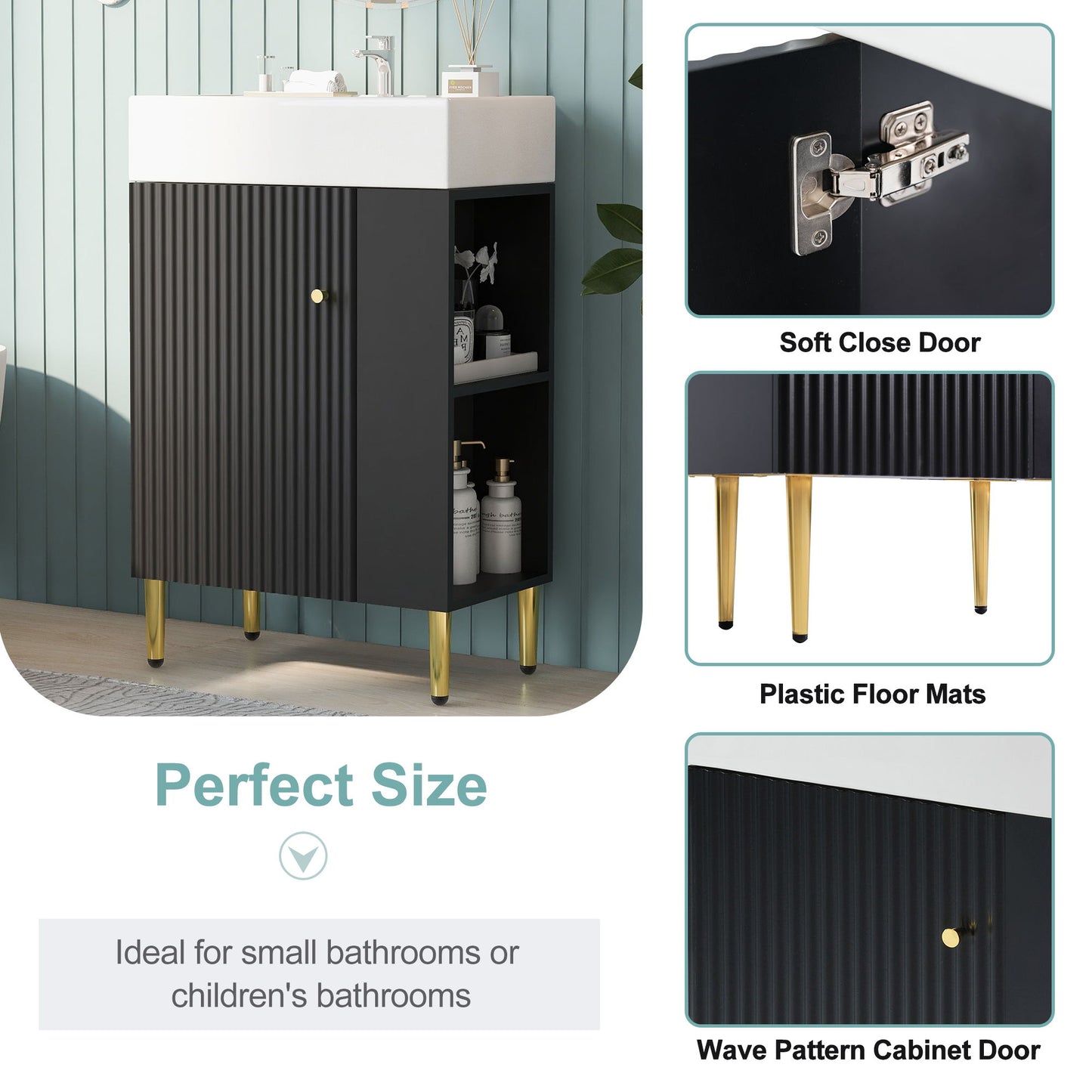 Bathroom Vanity, Combo Cabinet, Bathroom Storage Cabinet, Single Ceramic Sink, Right Side Storage - Black