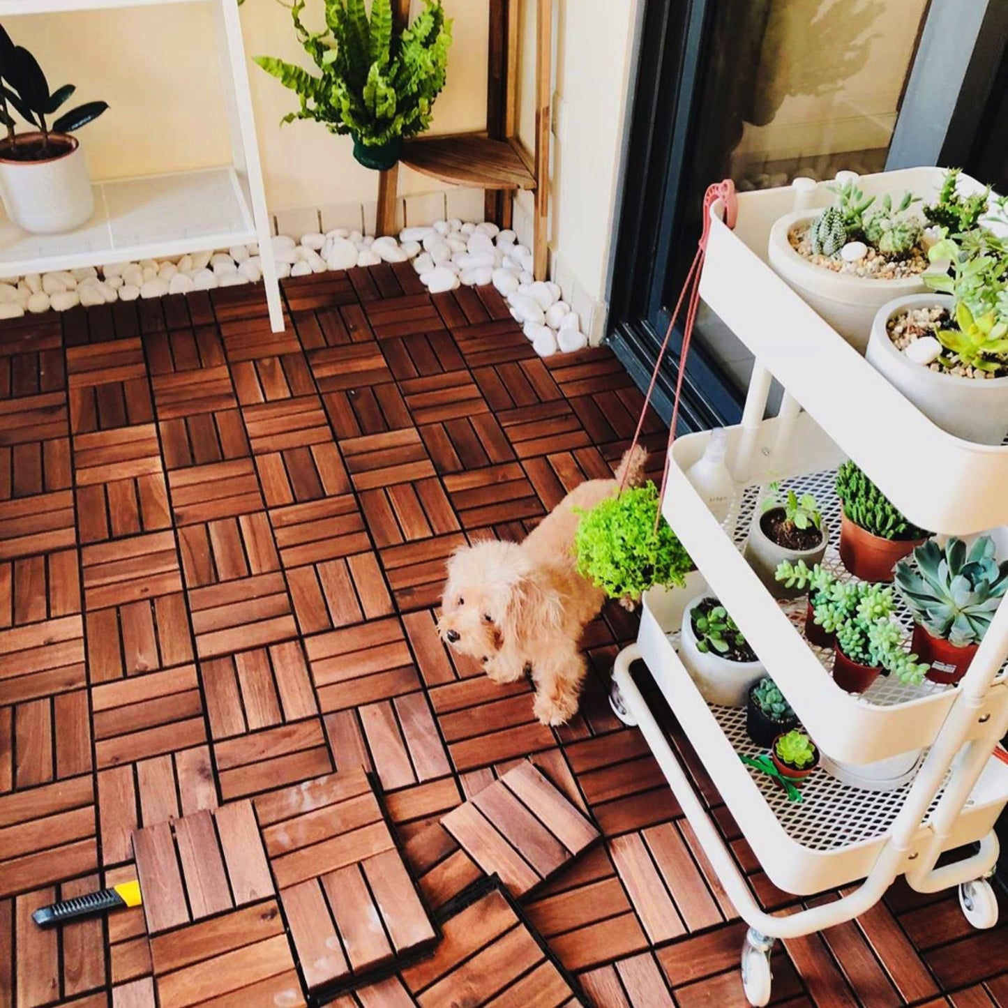 Acacia Wood Interlocking Deck Tiles Checker Pattern, 10 Piece Square Acacia Hardwood Outdoor Flooring For Patio, Bancony, Pool Side - Brown