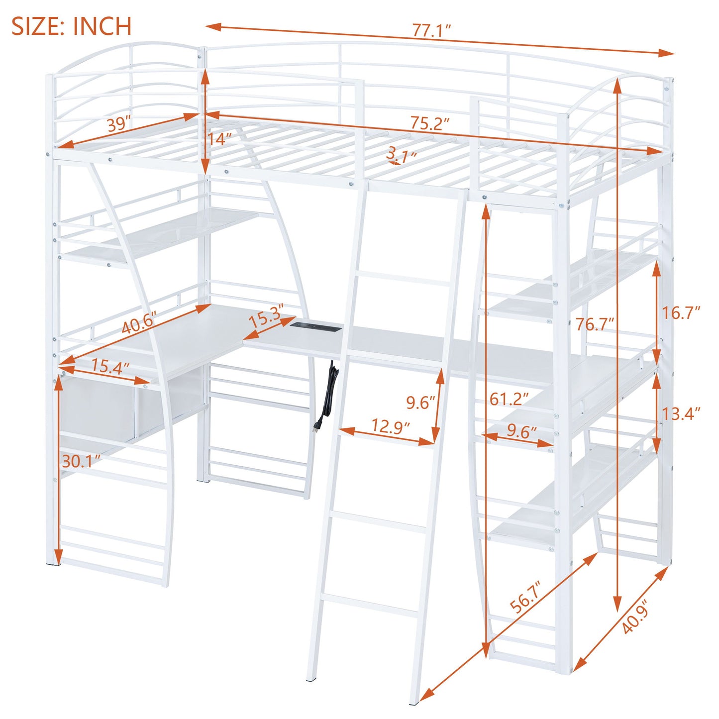 Twin Size Loft Bed With 4 Layers Of Shelves And L-Shaped Desk, Stylish Frame With A Set Of Sockets, USB Ports And And Wireless Charging - White