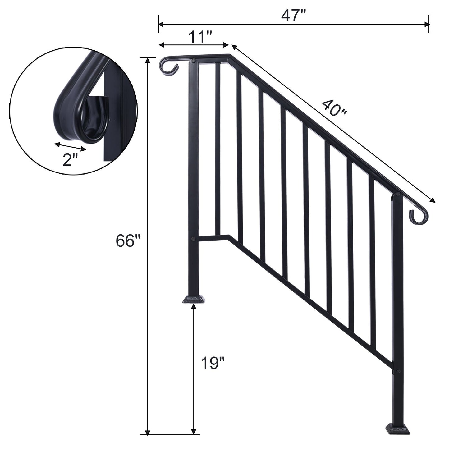 Handrails For Outdoor Steps, Fit 3 Or 4 Steps Outdoor Stair Railing, Picket#3 Wrought Iron Handrail, Flexible Porch Railing, Transitional Handrails For Concrete Steps Or Wooden Stairs - Black