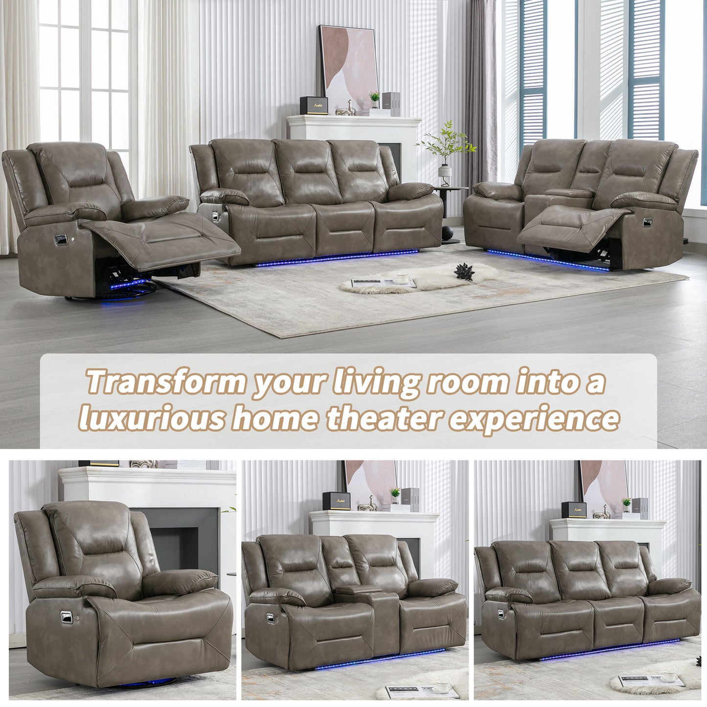 3 Seater Home Theater Recliner Manual Recliner Chair With A Led Light Strip Two Built-In Cup Holders For Living Room - Gray