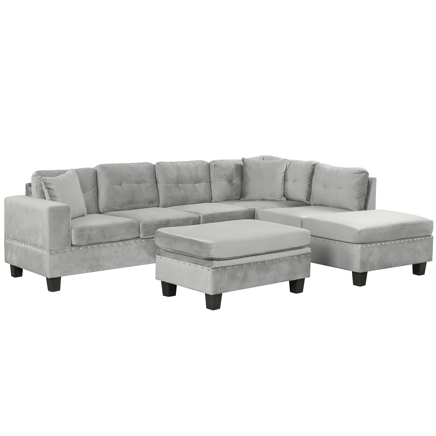 Modern Sectional Sofa With Storage Ottoman, L - Shape Couch With 2 Pillows And Cup Holders - Gray