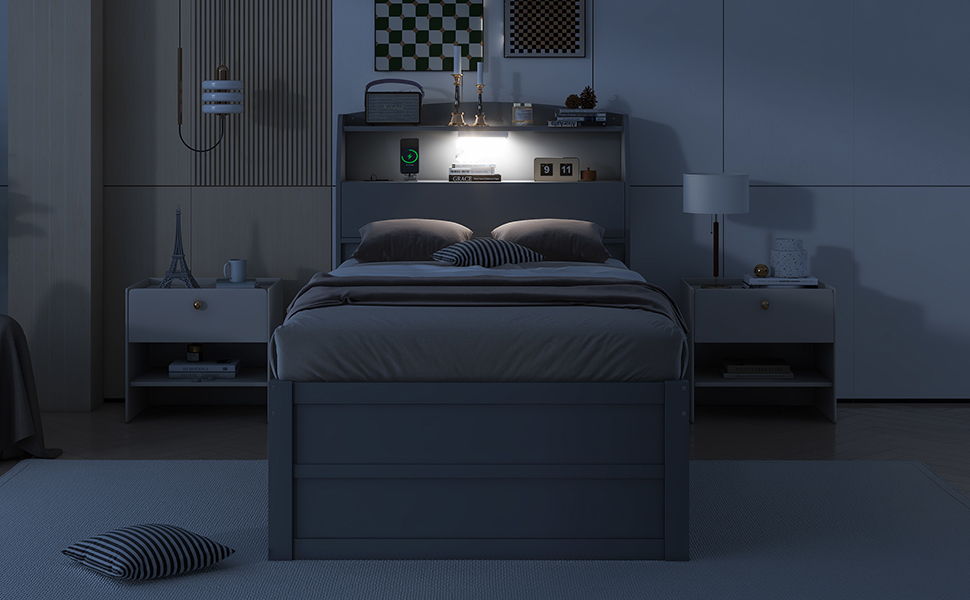 Twin Size LED Platform Bed With Trundle With Storage Headboard With Drawers - Gray