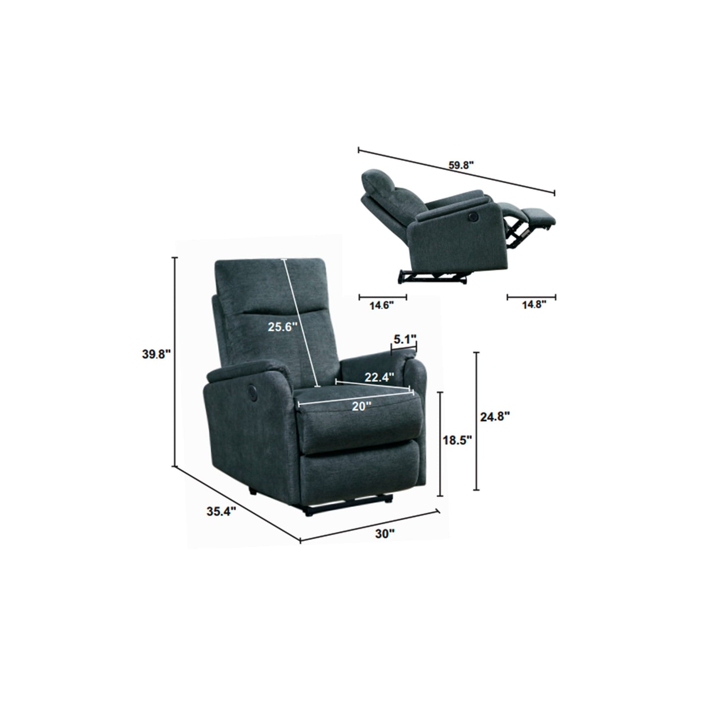Recliner Chair With Power Function Easy Control Big Stocks, Recliner Single Chair - Dark Gray
