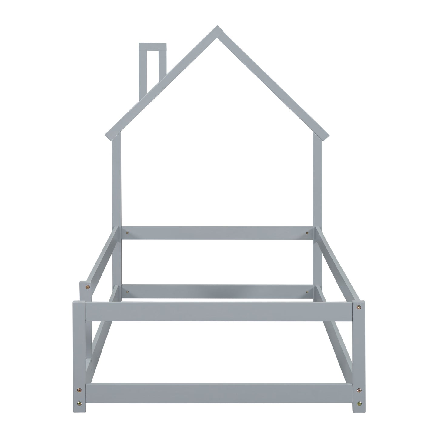 Twin Size Wood Bed With House-Shaped Headboard Floor Bed With Fences - Gray