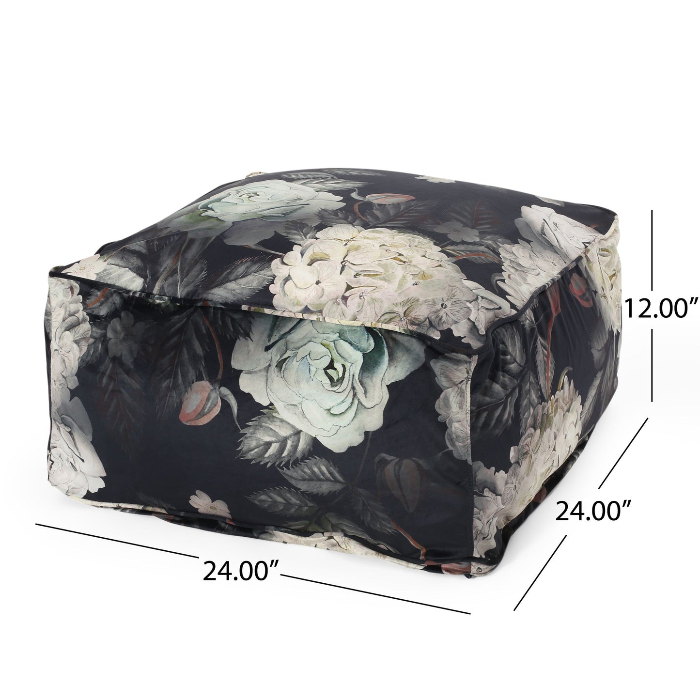 Hazel - Large Square Pouf, Versatile Ottoman Or Floor Cushion, Flower Print - Black