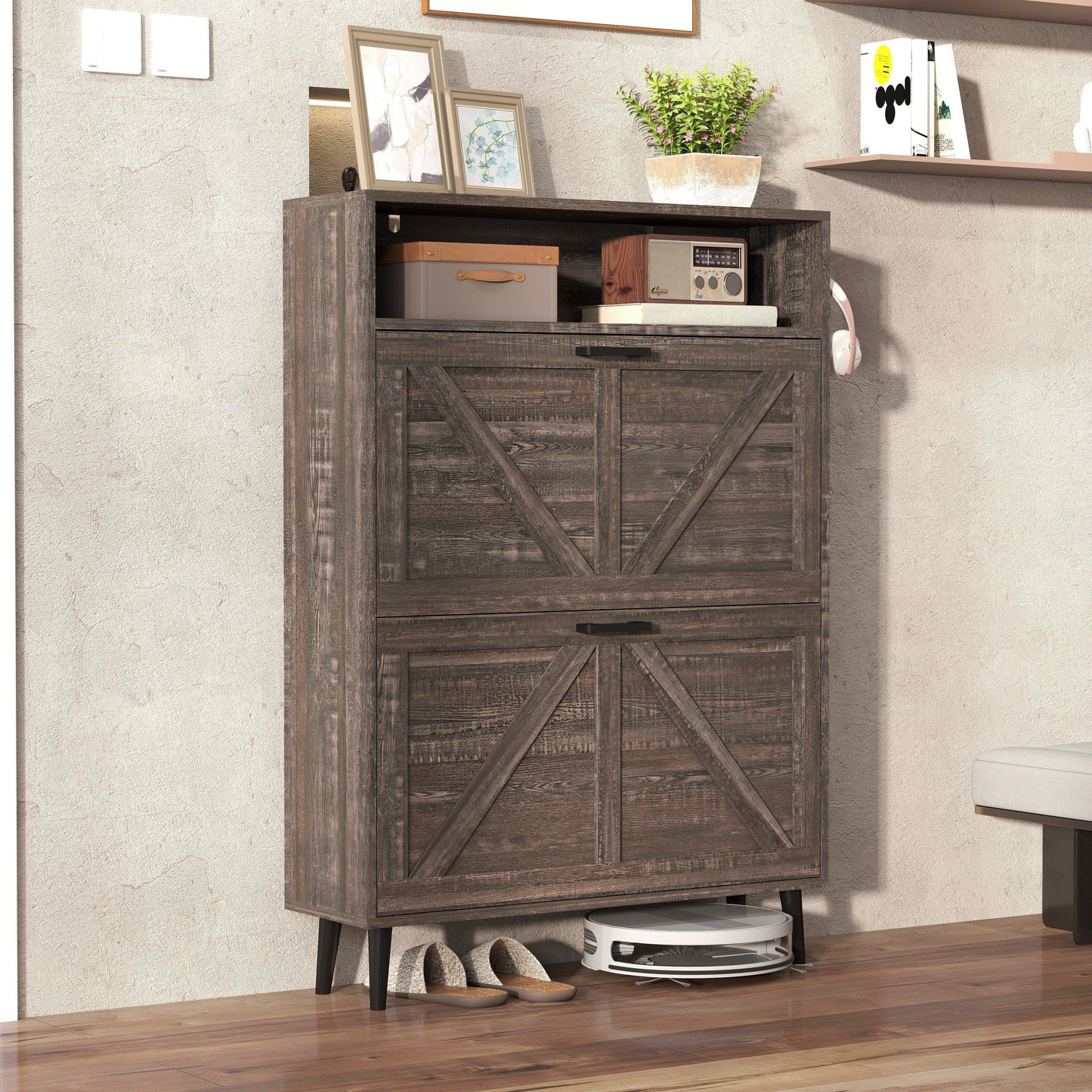 Farmhouse Shoe Storage Cabinet With Barn Door Design, 2 Flip Drawers, Hooks - Dark Oak