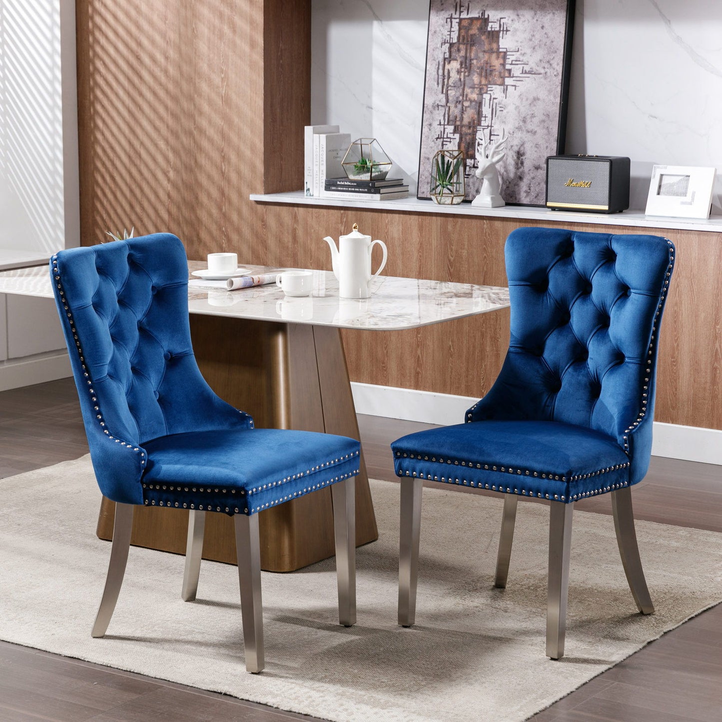 Nikki - Modern, High-End Tufted Solid Wood Contemporary Velvet Upholstered Dining Chair With Chrome Stainless Steel Plating Legs, Nailhead Trim, (Set of 2) - Blue / Chrome