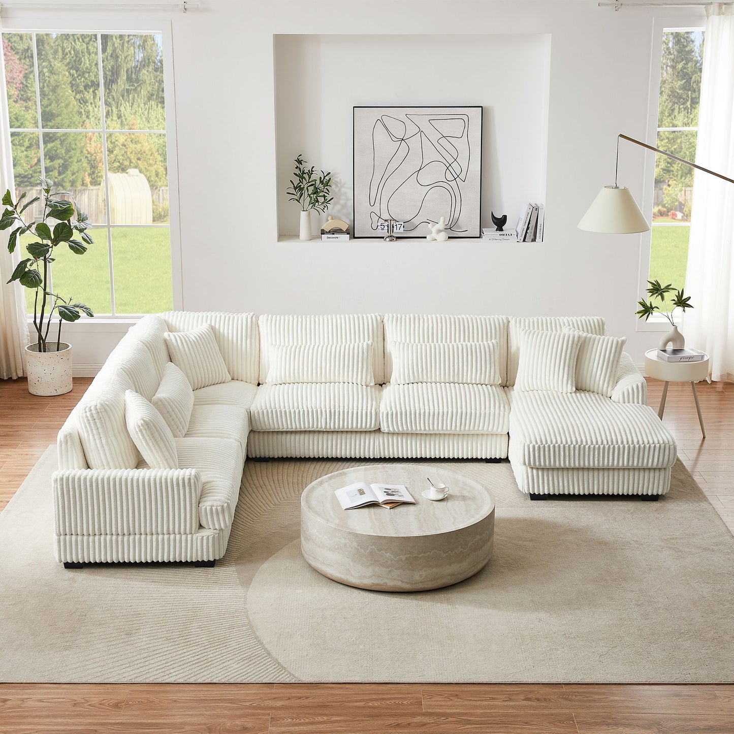 Oversized Sectional Sofa U - Shaped Sofa Couch Modern Sofa Upholstered In Soft Corduroy With A Chaise Lounge For Living Room - Beige
