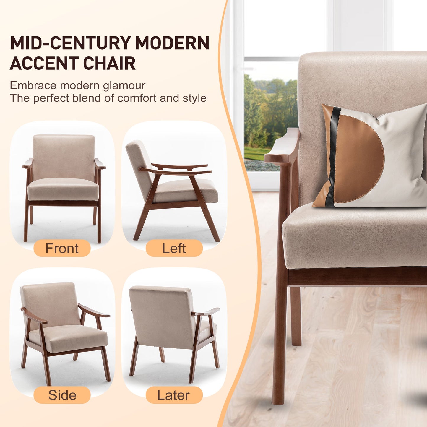 Mid Century Modern Wingback Accent Chair With Solid Wood Frame And Extra Thick Backrest - Lounge Chair For Living Room, Bedroom, Or Reading Room - Light Camel