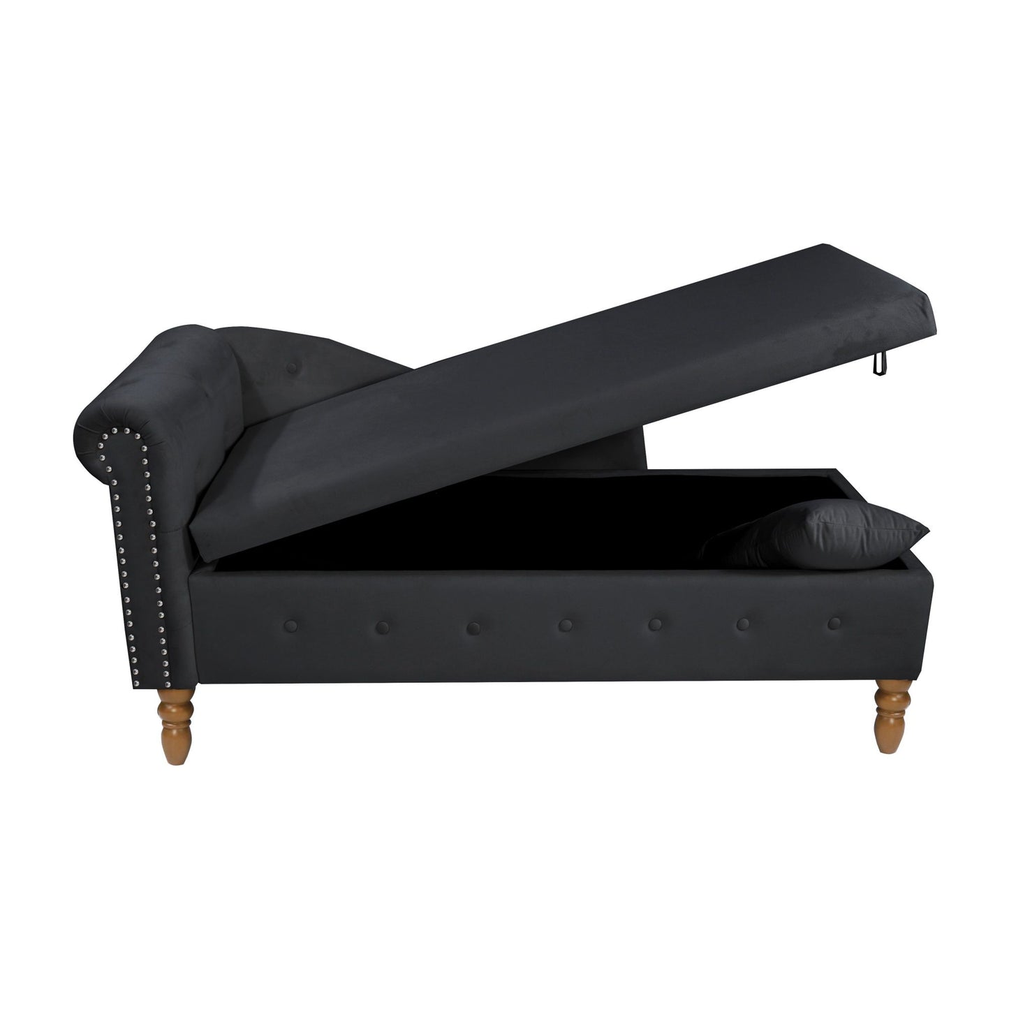 Chaise Lounge Indoor, Velvet Lounge Chair For Bedroom With Storage & Pillow, Modern Upholstered Rolled Arm Chase Lounge For Sleeping With Nailhead Trim For Living Room Bedroom Office - Black