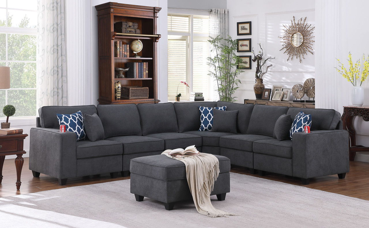 Cooper - 7 Piece Reversible L-Shape Sectional Sofa & Comfort Ottoman, And Cupholder - Stone Gray