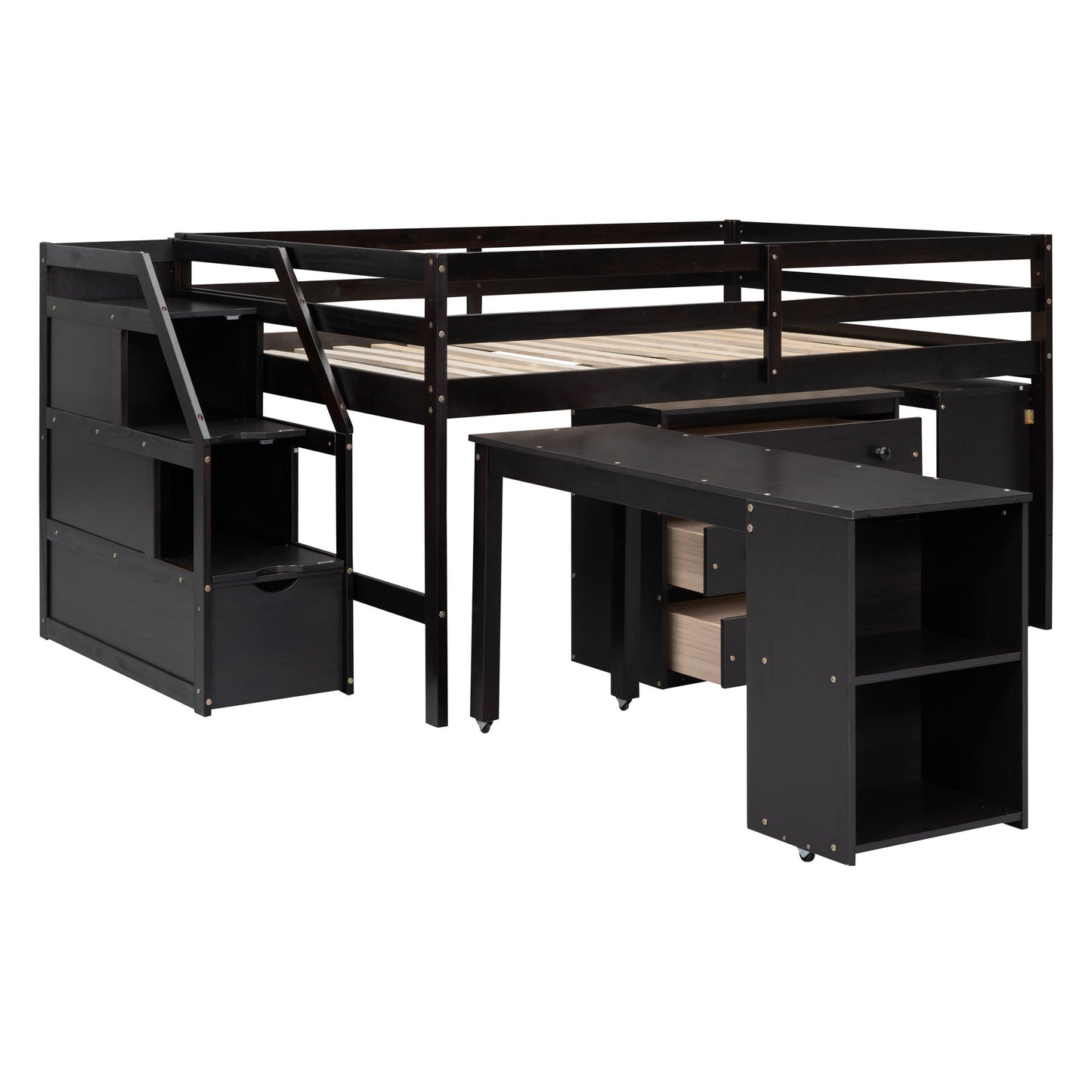 Full Size Loft Bed With Retractable Writing Desk And 3 Drawers With Storage Stairs And Shelves - Espresso