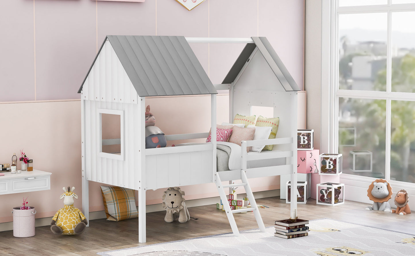 Twin Size Low Loft House Bed With Two Side Windows - White / Gray