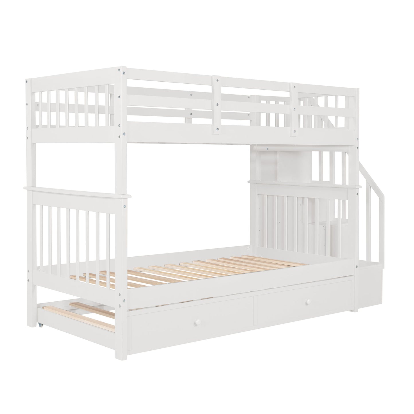 Twin Over Twin Stairway Bunk Bed With Twin Size Trundle For Bedroom - White