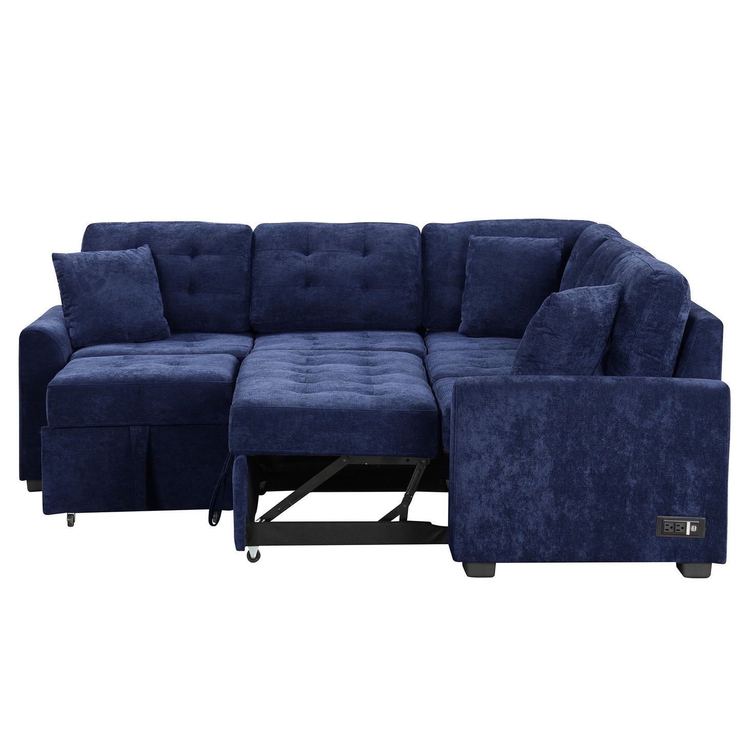 L-Shape Sofa Bed Pull-Out Sleeper Sofa With Wheels, USB Ports, Power Sockets For Living Room - Navy Blue
