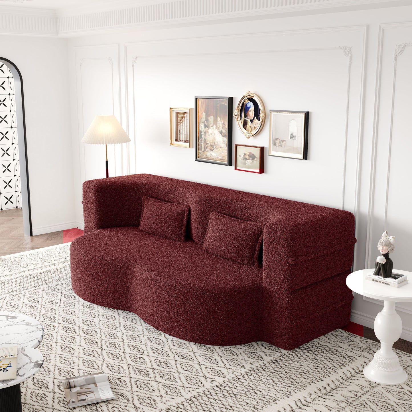 Modern Floor Sofa With 2 Pillows, Convertible Teddy Fabric Foam Filled Sleeper Sofa Bed, Full Size Folding Mattress For Living Room Guest Bed, Playroom, No Assembly Required - Burgundy