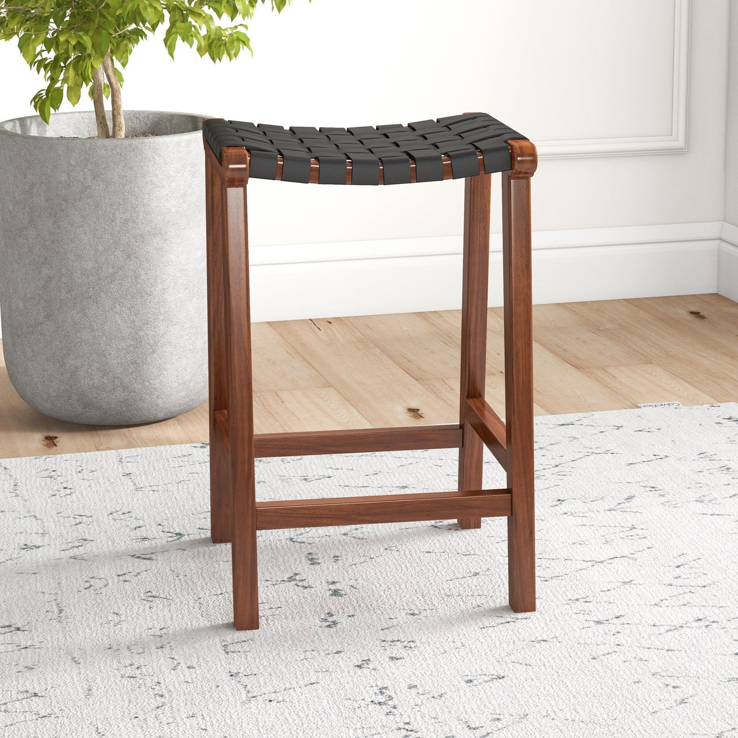 James - Mid-Century Modern Genuine Leather Counter Stool - Black / Brown