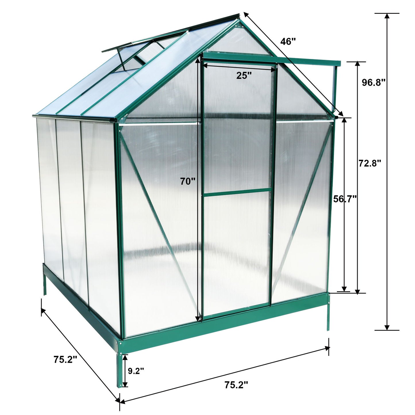 6.3'x6.2'x7' Polycarbonate Greenhouse, Heavy Duty Outdoor Aluminum Walk-In Green House Kit With Rain Gutter, Vent And Door For Backyard Garden - Green