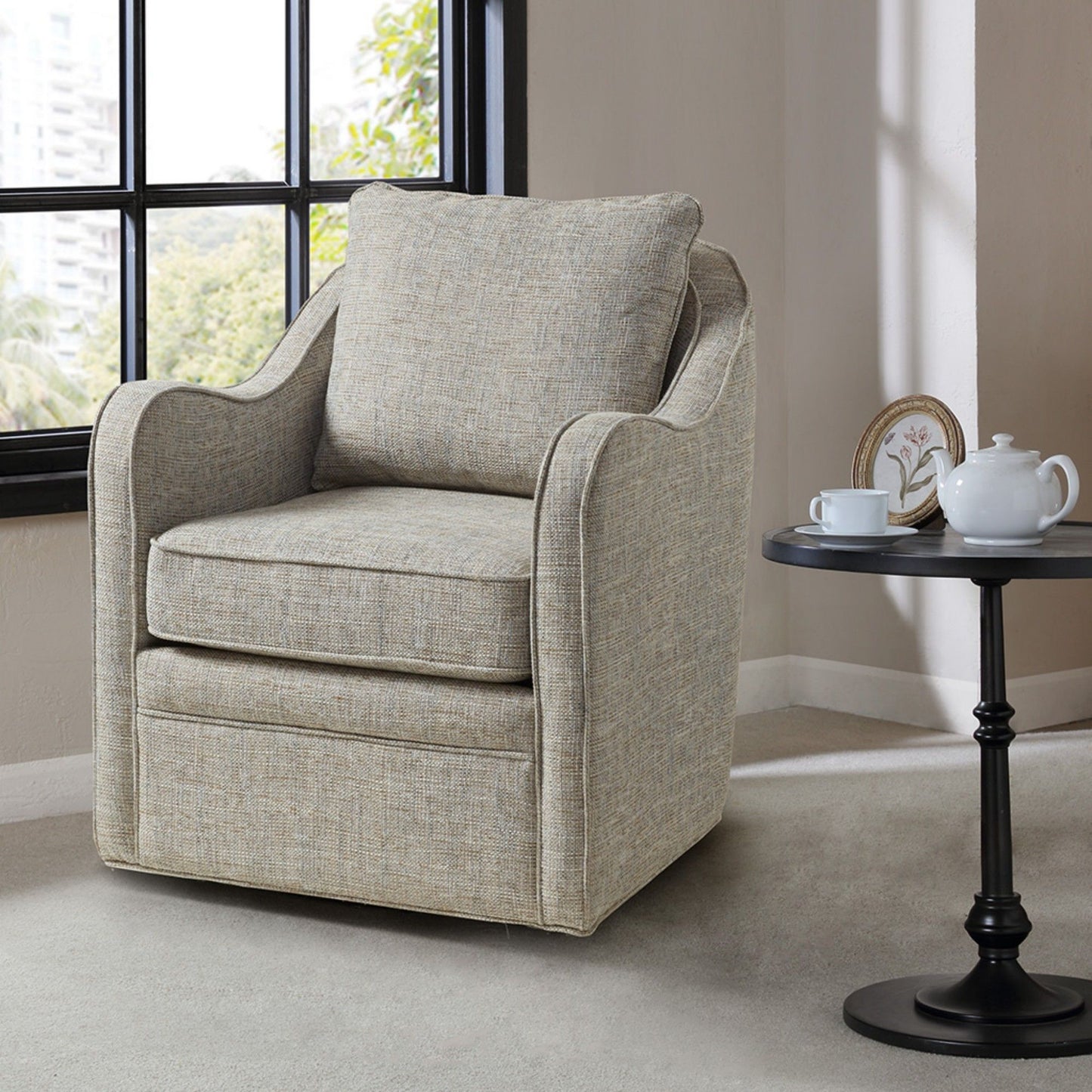 Wide Seat Swivel Arm Chair With 360 Degree Rotation - Gray