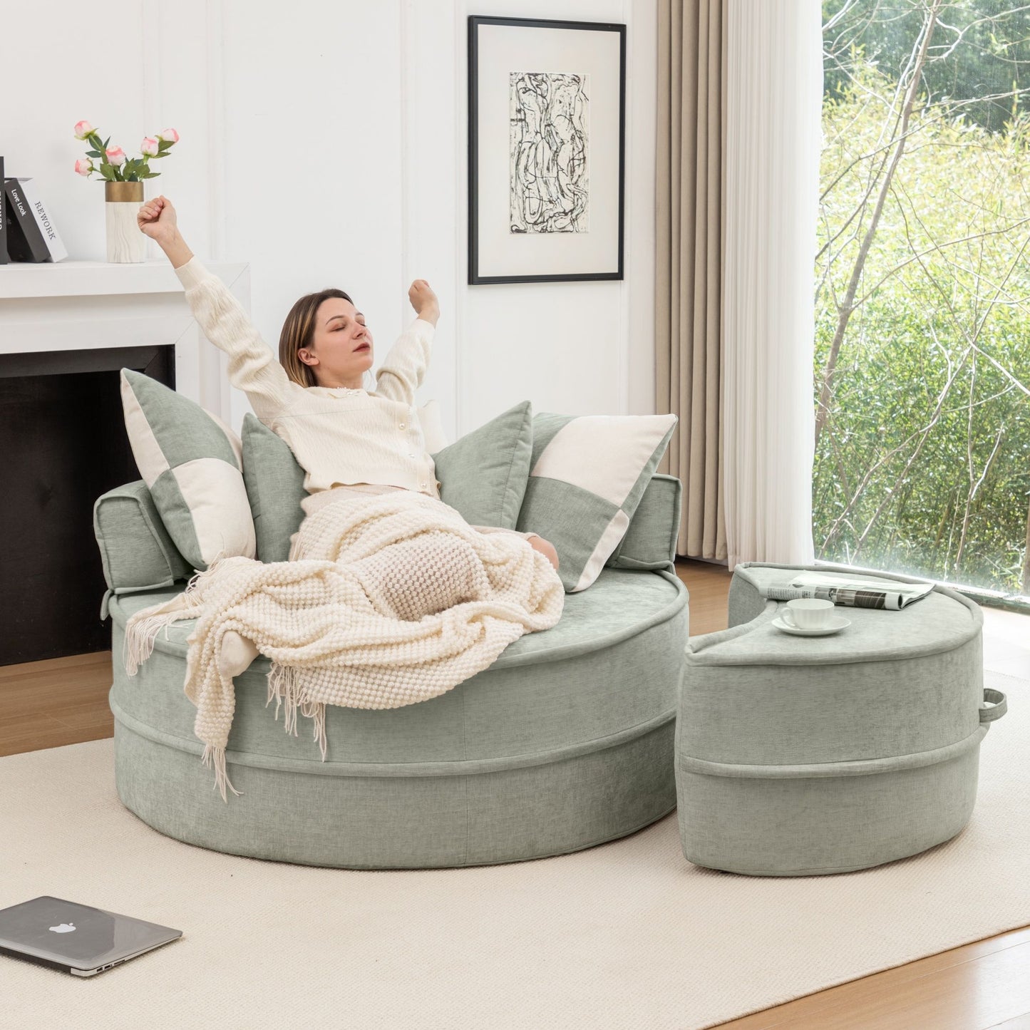Modern Oversized Round Barrel Accent Chair With Ottoman Velvet Upholstered Lounge Armchair With 5 Pillows For Living Room Or Bedroom - Green
