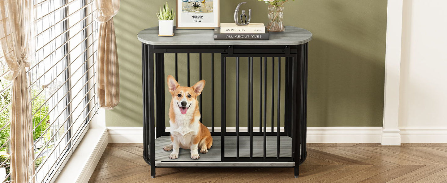 Furniture Style Dog Crate For Small And Medium Dogs, Wooden Cage Indoor Kennel Furniture, Modern Dog Crate End Table With Double Doors - Gray