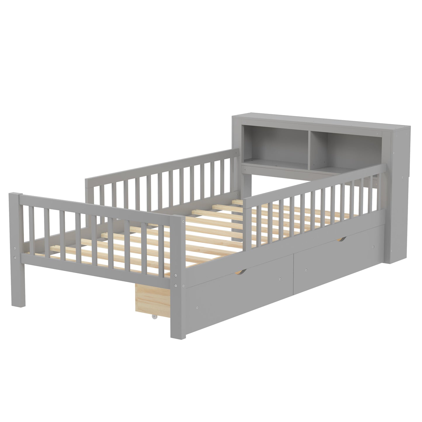 Twin Size Bed With Headboard Storage Rack, 2 Under Bed Drawers, 3 - Side Guardrails For Safety And Security - Gray