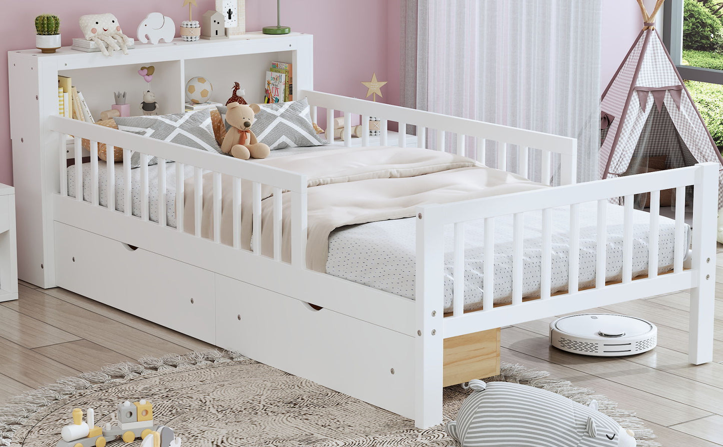 Twin Size Bed With Headboard Storage Rack, 2 Under Bed Drawers, 3 - Side Guardrails For Safety And Security - White