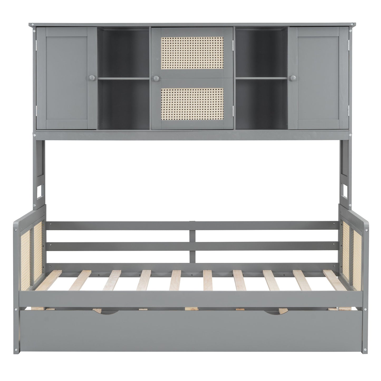 Twin Size Wooden Daybed With Twin Size Trundle, And All In One Cabinet And Shelf - Gray