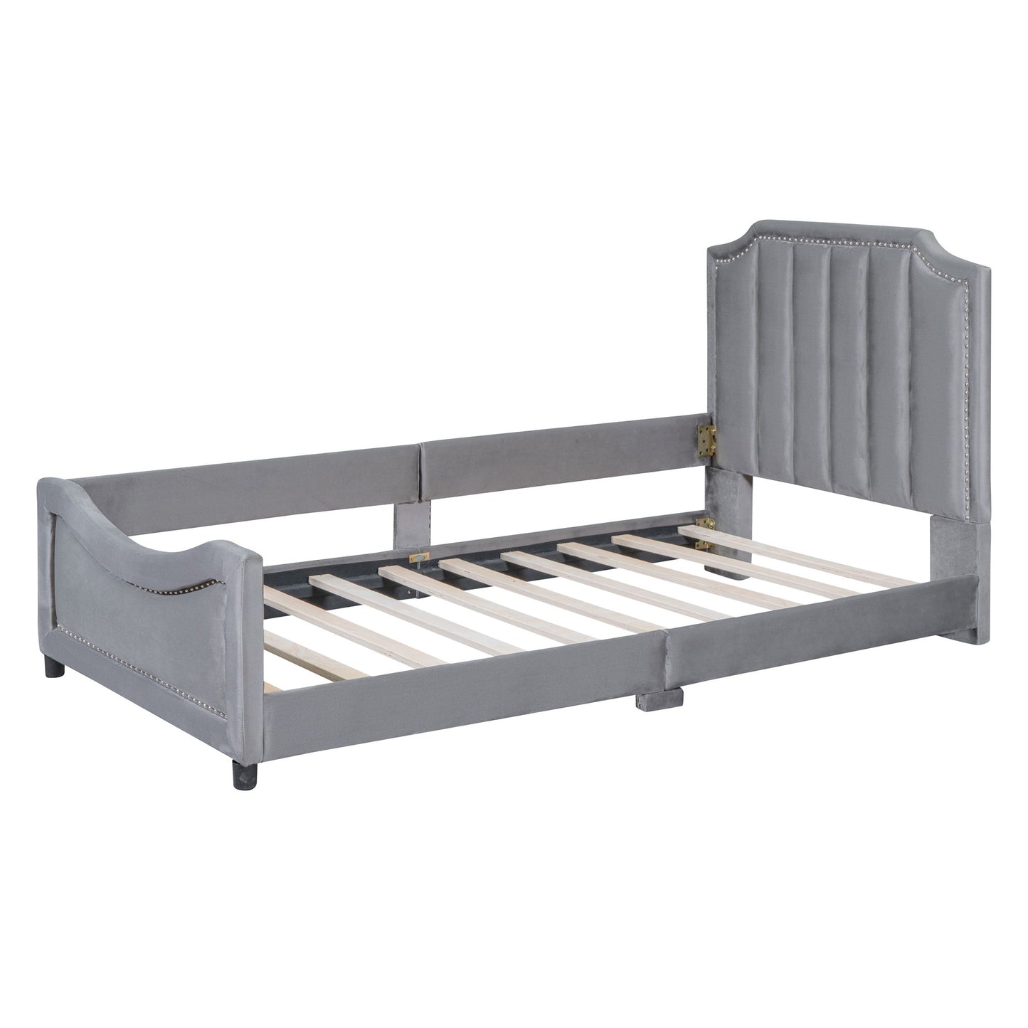 Twin Size Upholstered Daybed With Classic Stripe Shaped Headboard - Gray